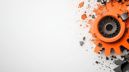 Abstract composition of an orange gear with shattered parts on a white background
