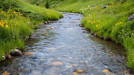Naklejka premium A breathtaking alpine scene where a gentle stream winds through a meadow of colorful wildflowers. 