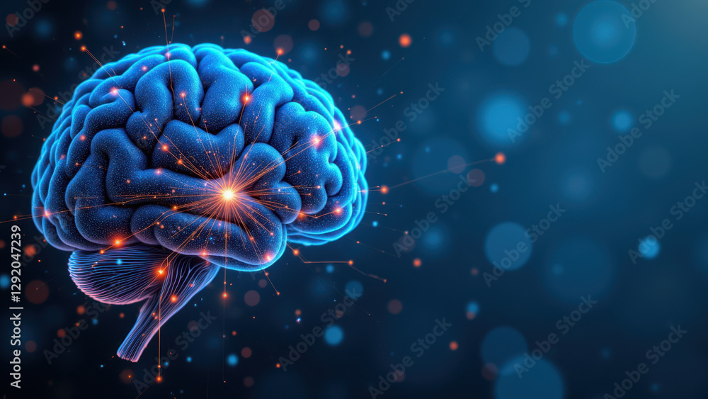 Poster a visual metaphor for artificial general intelligence (agi) featuring a stylized brain with neural c