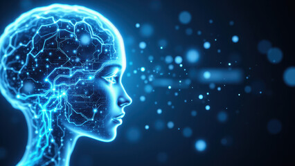 Image depicts a representation of artificial general intelligence with electrical impulses emanating from the human head silhouette.