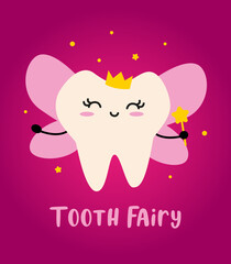 Cute girl fairy tooth vector cartoon illustration for oral dental hygiene, kawaii character: for teeth card and Print for t-shirt