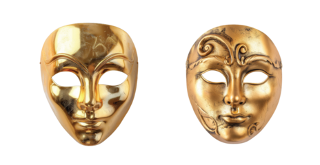 Pair of shiny gold masquerade masks with ornate and plain design side by side