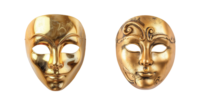 Pair of shiny gold masquerade masks with ornate and plain design side by side