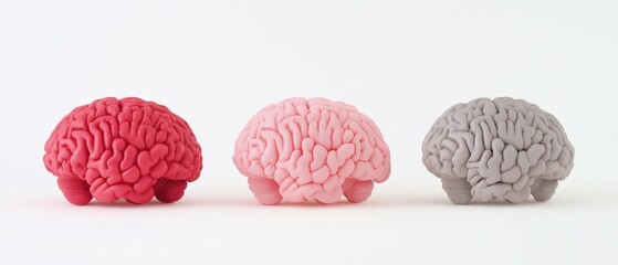Three different colored brain models on a white background