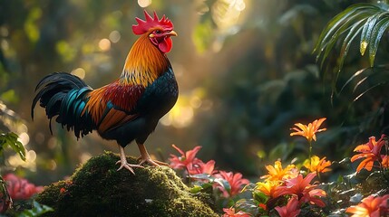 Stunning rooster with golden feathers glowing image