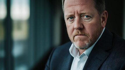 A man with a beard and a suit is looking at the camera. generated using AI