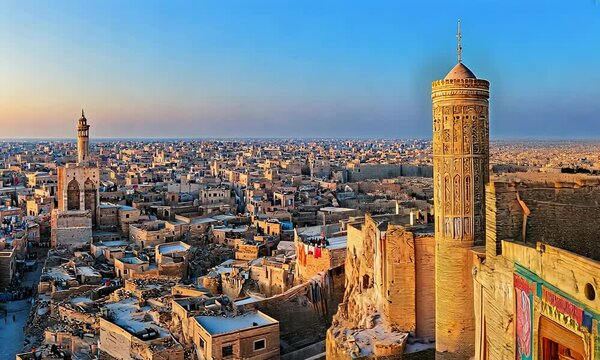 Sanaa town view at sunset, Yemen. Travel and culture concept 