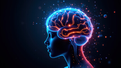 A detailed 3D rendering of a human head with an artificial general intelligence theme, highlighting brain structures and circuitry in fiery red tones with blue hues.