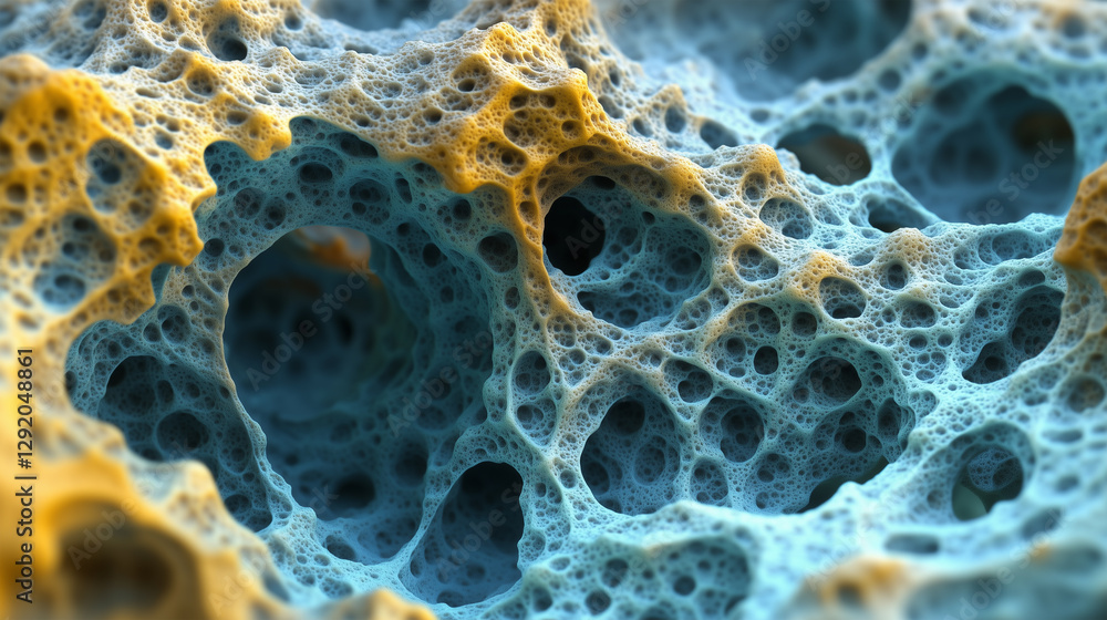 Poster intriguing close-up of porous organic structure showcasing vivid colors and complex textures in a mi