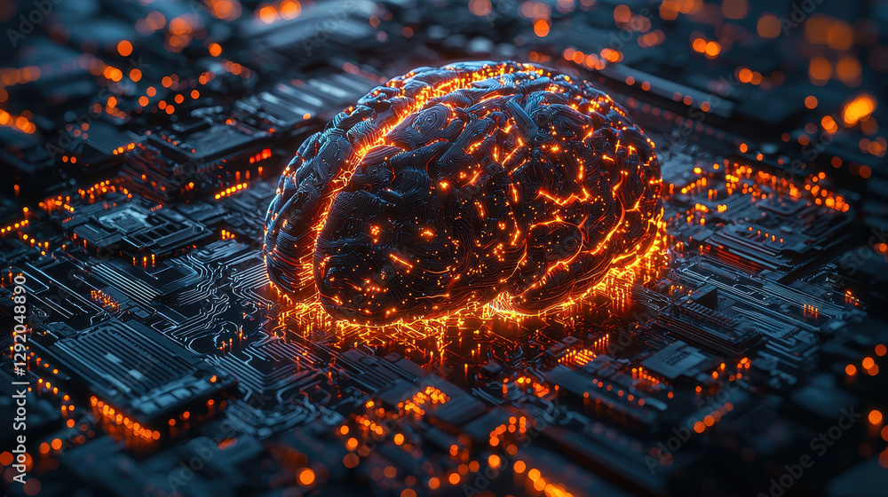 Poster futuristic cybernetic brain scan showcasing detailed digital twin of cognitive functions with glowin