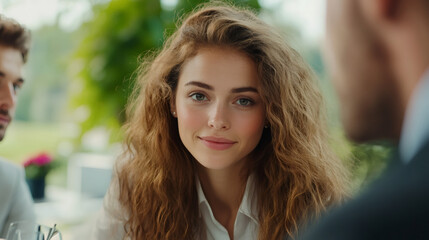 Obraz premium Businesswoman listening during a meeting with colleagues in a restaurant, she's smiling and looking at one of them