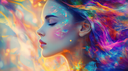 Dreamlike portrait of a serene woman with colorful hair abstract art studio ethereal vibes close-up beauty and emotion. Abstract Kaleidoscope Portrait. Illustration