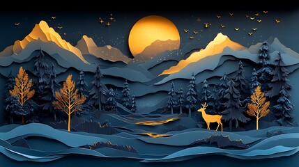 Stylized mountain scene with deer and full moon pictures