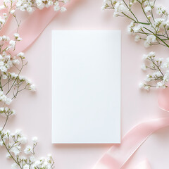Empty white card surrounded by soft pink ribbons and small flowers, creating an elegant composition on a light pastel background