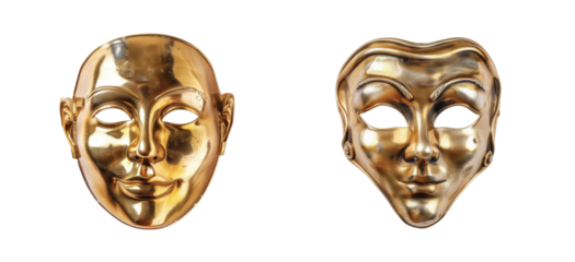 Elegant golden masks with distinctive face shapes and shiny metallic surfaces