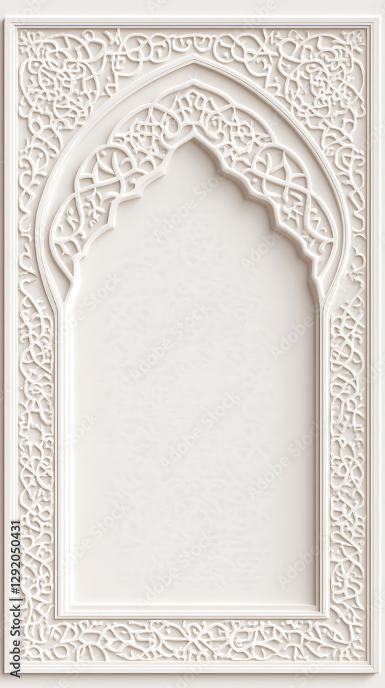 Poster intricate white framework with detailed curvilinear patterns framing a neutral surface, embodying or