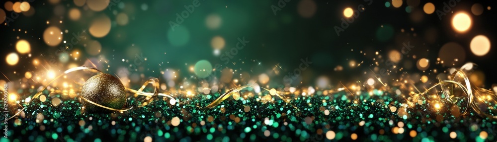 Poster green and gold background with shiny sphere and photo display for creative projects