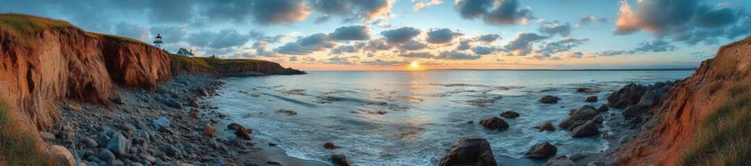 Fototapeta premium A lighthouse on a rugged coastline at sunset overlooking the ocean and rocky shore. Generative AI