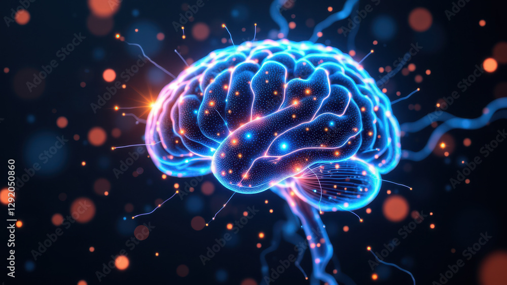 Poster a computer-generated illustration of a human brain with colorful lights and particles, symbolizing a