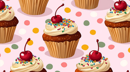 A row of cupcakes with cherries on top and sprinkles on the frosting. generated using AI