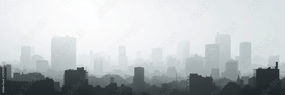 Poster cityscape enveloped in heavy gray smog with silhouettes of buildings fading into the haze at dawn. g