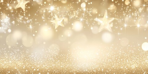 Christmas background. Abstract gold holiday panoramic backdrop with Defocused glitter, Blinking Stars and lights. Blurred Bokeh