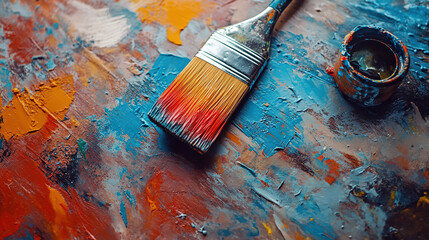 Fototapeta premium Colored paint and brush for painting works. Kit and paint on dirty background.