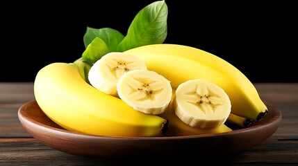 Sliced bananas, fruit bowl on wood table, natural healthy snack, black background, for nutrition