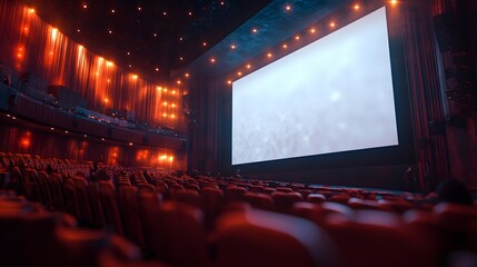  Large white display screen positioned on stage, intended for business presentation exhibits 