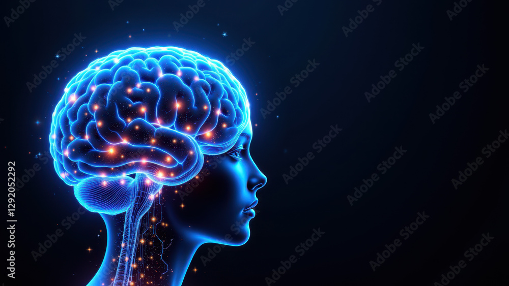 Poster 3d illustration of artificial general intelligence with humanoid features and a glowing brain.