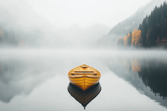 A lone yellow wooden boat floating on a calm misty lake surrounded by autumn trees and foggy mountains