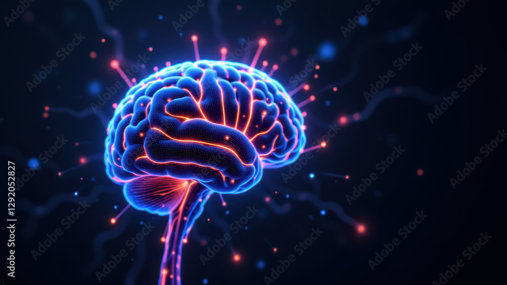 Poster a stylized representation of artificial general intelligence with a glowing brain structure at its c