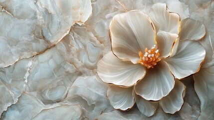 Elegant Marble Background with Delicate Flower Blossoms – Top-Down View