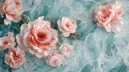 Elegant Marble Background with Delicate Flower Blossoms – Top-Down View