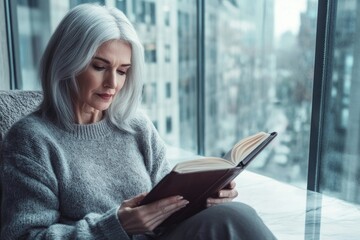 A mature woman with gray hair sits by a window, engrossed in reading a book, lost in thought.