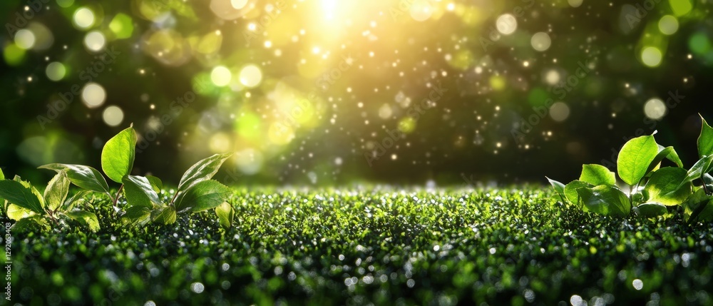 Aufkleber sunlit green grass with a blurred background showcasing a bokeh effect and soft sunlight filtering t