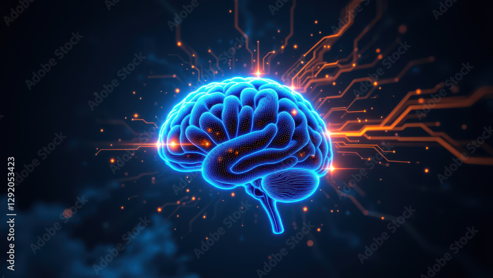 Poster brain-like structure connected by glowing blue circuits representing artificial general intelligence
