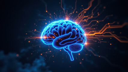Fototapeta premium Brain-like structure connected by glowing blue circuits representing artificial general intelligence or AI.