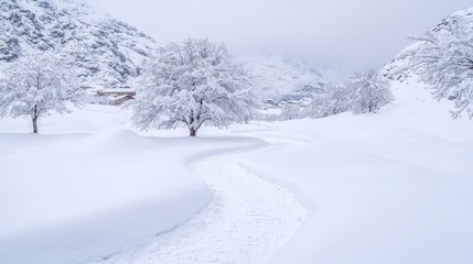 Snowy path winding through winter landscape, mountain background, postcard image