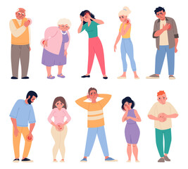 Obraz premium People with different types pain. Cartoon sick characters, red tags on sore spots, unhealthy body, health problems, sad persons, young and old men and women, painkiller vector isolated set