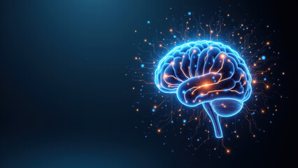 Fototapeta premium Blue brain graphic with sparks, representing artificial intelligence and human cognition.