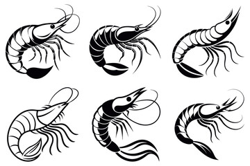 Shrimp silhouette set. Collection of black prawns. Vector illustration