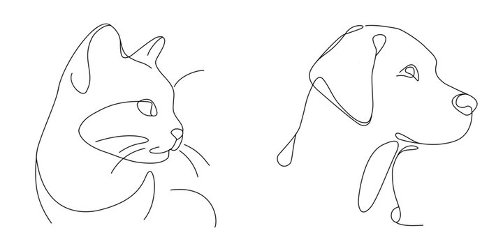 Outline of the profile of a cat and a dog in one line