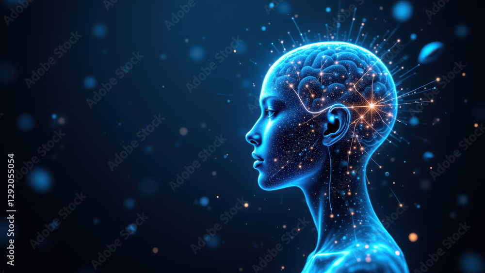 Poster a digital illustration of a human brain with artificial components floating around it, symbolizing a