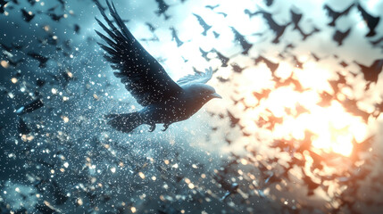 Swarm of robotic birds dynamically forming hexagonal grids in the sky at sunset with ultra-realistic mechanical wings and digital energy patterns