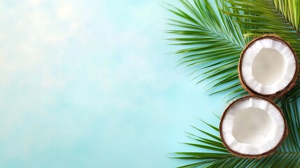 Sliced coconuts and palm leaves rest on a blue backdrop, ideal for tropical product promotion