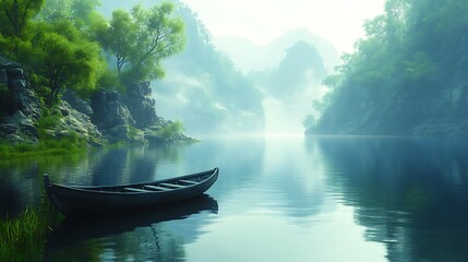 Mist covered cliffs rowboat peaceful lake image
