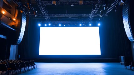  Large white display screen positioned on stage, intended for business presentation exhibits 