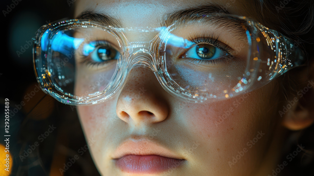 Poster young dyslexic engineer visualizes code using 3d holograms in a high-tech research lab with a futuri