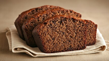 Sliced loaf of brown bread on linen napkin, close-up